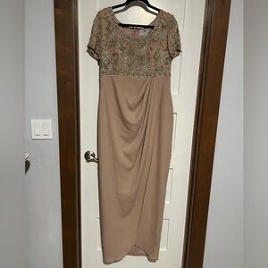 Adrianna Papell Taupe Beaded Short-Sleeve Maxi Dress